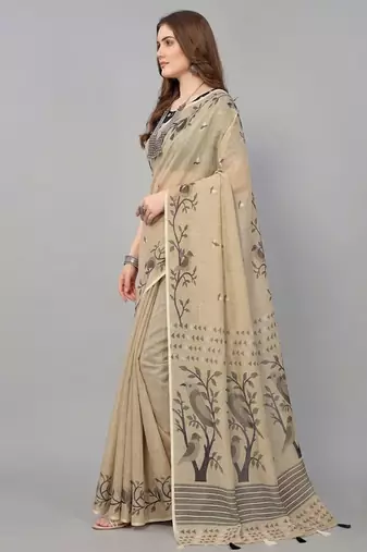 Cream woven linen saree with blouse