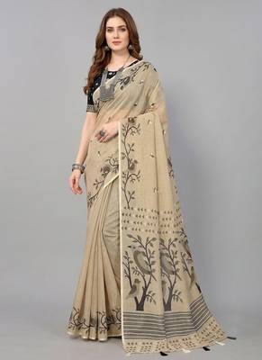 Cream woven linen saree with blouse 4