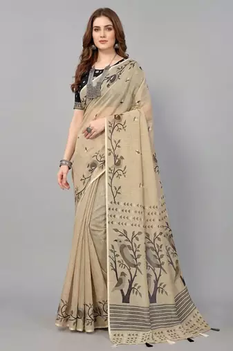 Cream woven linen saree with blouse