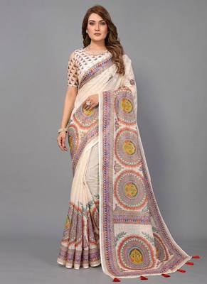 Beige woven linen saree with blouse 1
