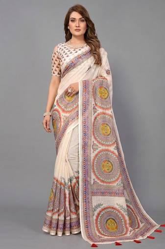 Beige woven linen saree with blouse