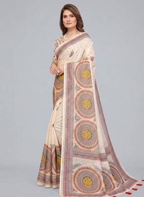Beige woven linen saree with blouse 2