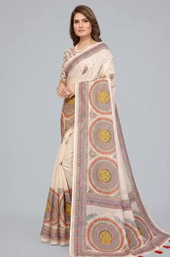 Beige woven linen saree with blouse