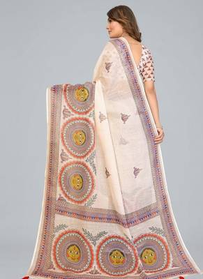 Beige woven linen saree with blouse 3
