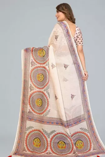Beige woven linen saree with blouse