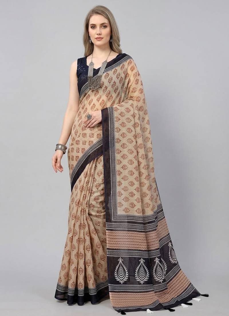 Cream woven linen saree with blouse