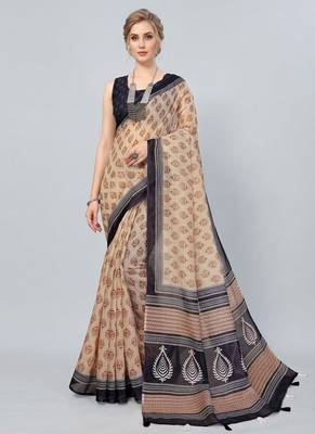 Cream woven linen saree with blouse 4