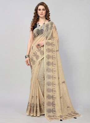 Cream woven linen saree with blouse 1