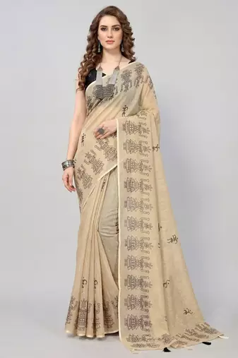 Cream woven linen saree with blouse