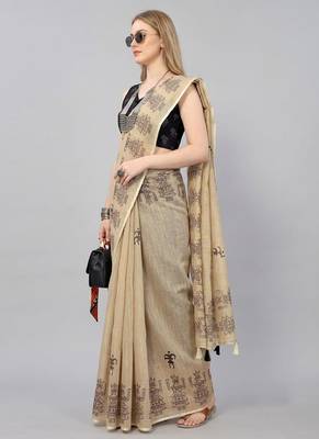 Cream woven linen saree with blouse 2