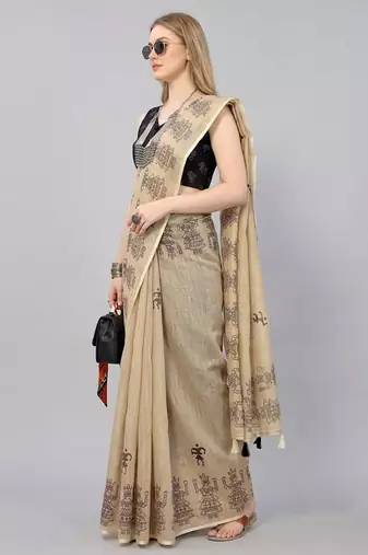 Cream woven linen saree with blouse