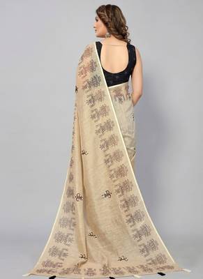 Cream woven linen saree with blouse 3