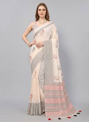 Beige woven linen saree with blouse 1
