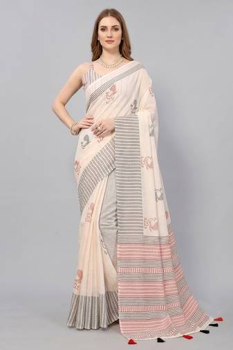 Beige woven linen saree with blouse