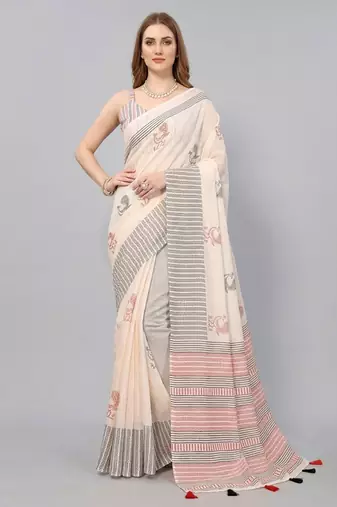 Beige woven linen saree with blouse
