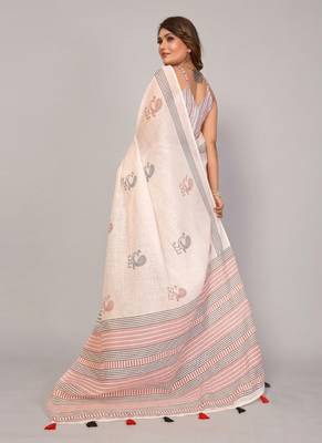 Beige woven linen saree with blouse 2