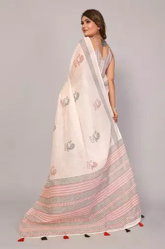 Beige woven linen saree with blouse
