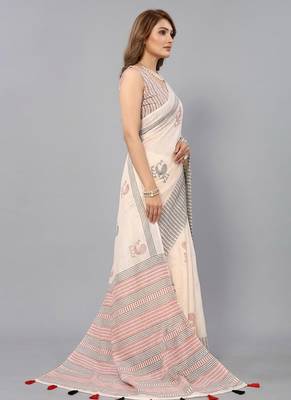 Beige woven linen saree with blouse 3