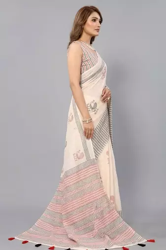 Beige woven linen saree with blouse
