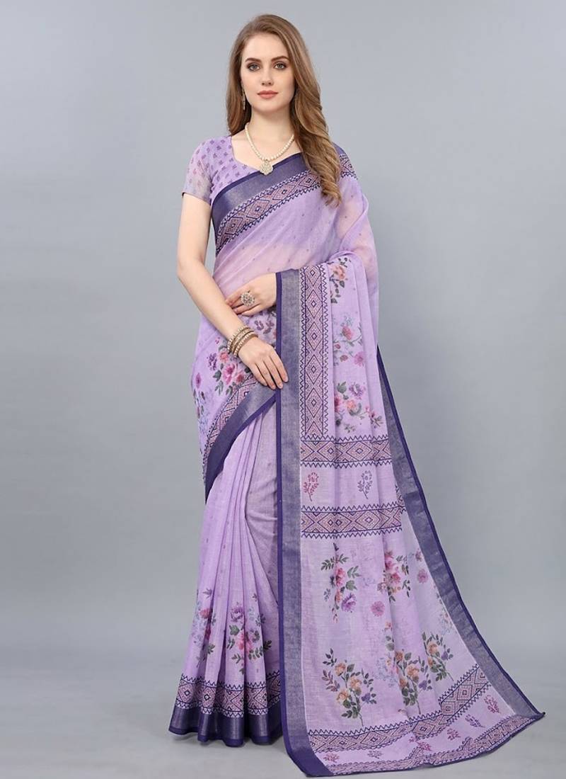 Purple woven linen saree with blouse