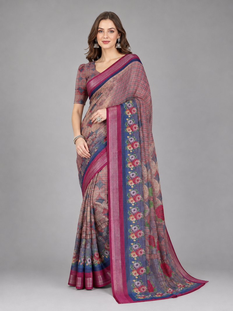 Multicolor woven linen saree with blouse