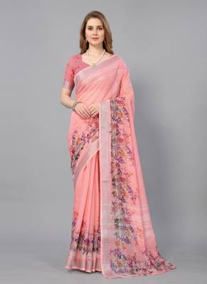 Pink woven linen saree with blouse 1