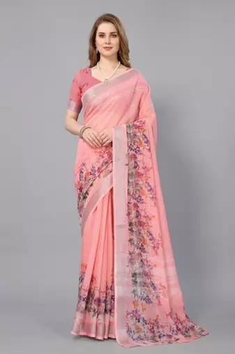Pink woven linen saree with blouse