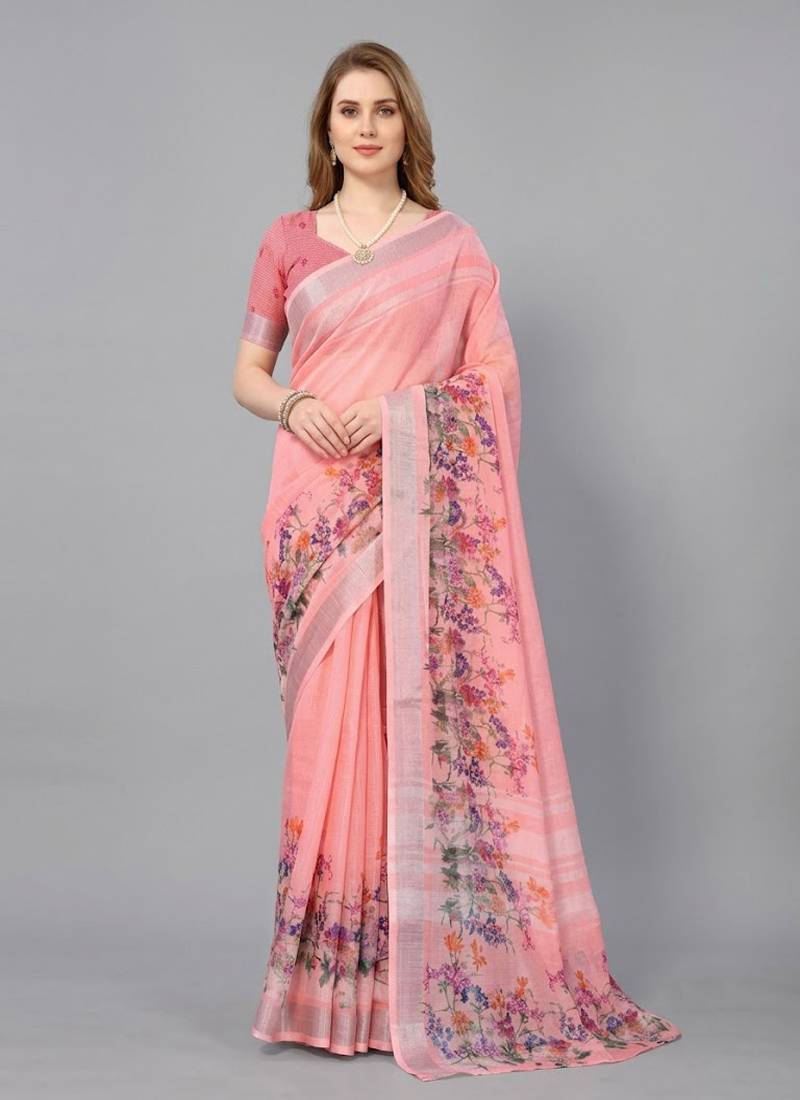Pink woven linen saree with blouse