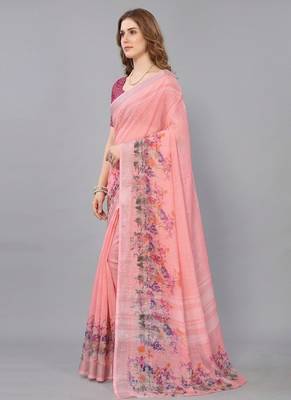 Pink woven linen saree with blouse 2
