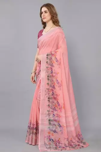 Pink woven linen saree with blouse