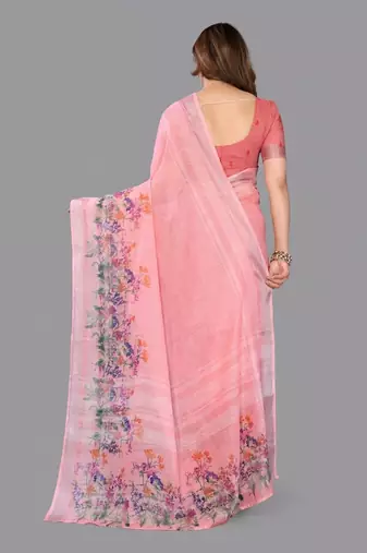 Pink woven linen saree with blouse