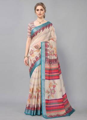 Cream woven linen saree with blouse 1