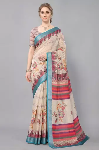 Cream woven linen saree with blouse