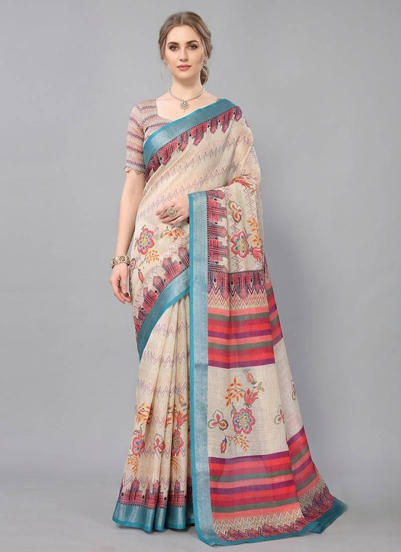 Cream woven linen saree with blouse