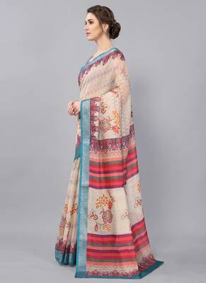 Cream woven linen saree with blouse 3