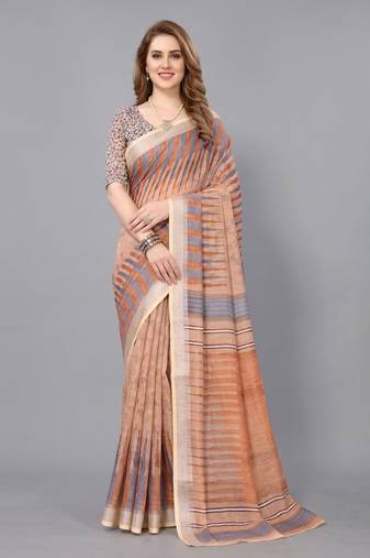 Beige woven linen saree with blouse