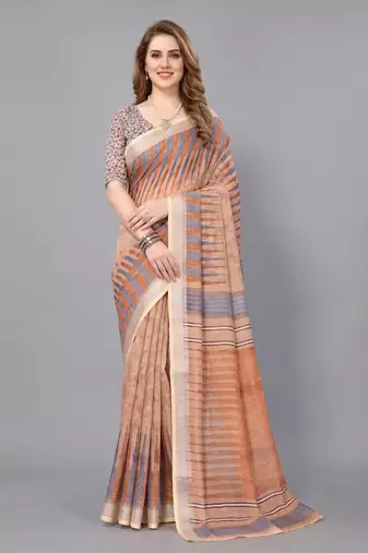Beige woven linen saree with blouse
