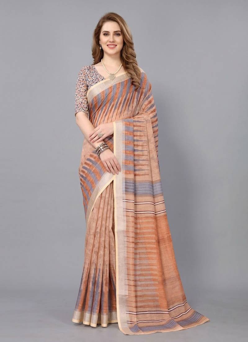 Beige woven linen saree with blouse