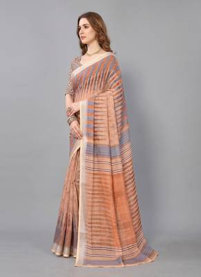 Beige woven linen saree with blouse 2