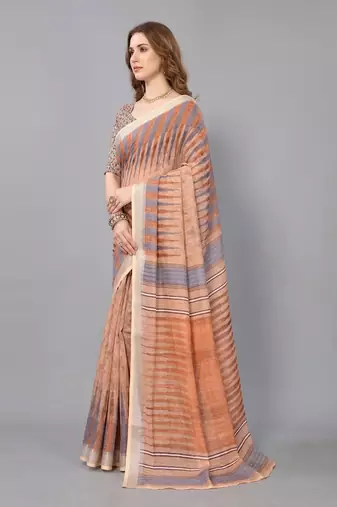 Beige woven linen saree with blouse