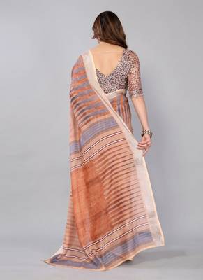 Beige woven linen saree with blouse 3