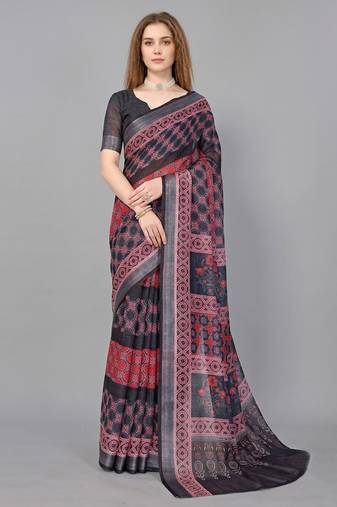 Black woven linen saree with blouse