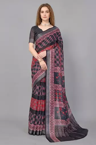 Black woven linen saree with blouse