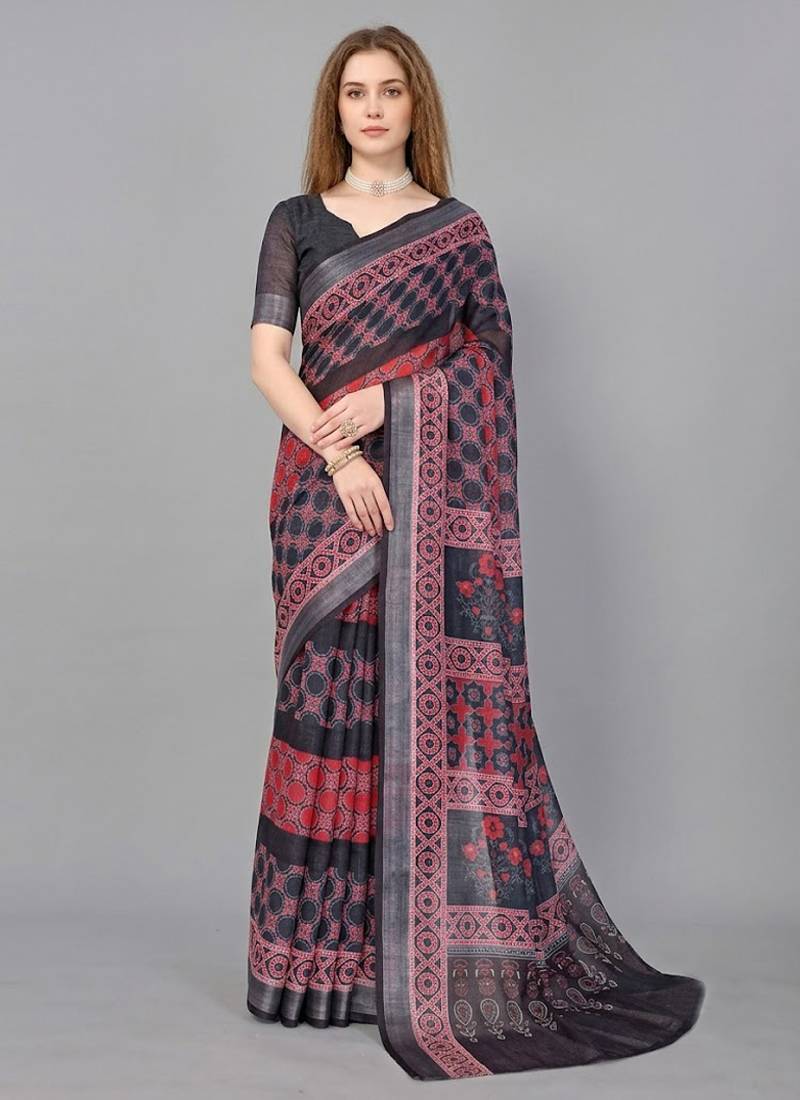Black woven linen saree with blouse