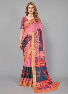 Pink woven linen saree with blouse 1