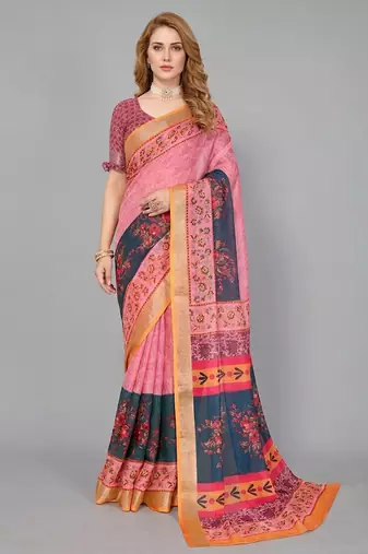Pink woven linen saree with blouse