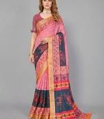 Pink woven linen saree with blouse