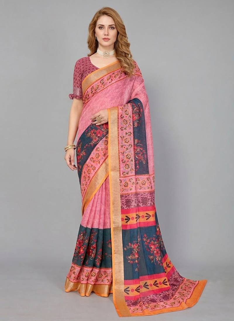 Pink woven linen saree with blouse