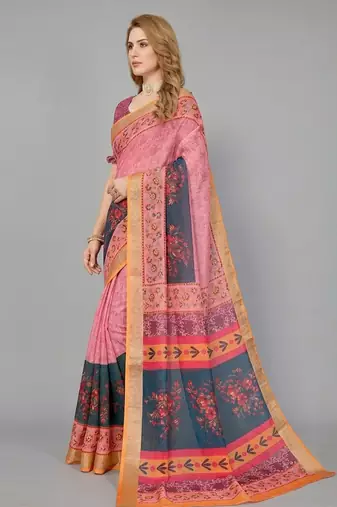 Pink woven linen saree with blouse