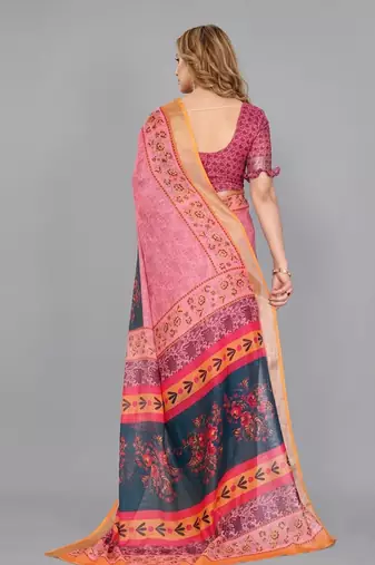 Pink woven linen saree with blouse